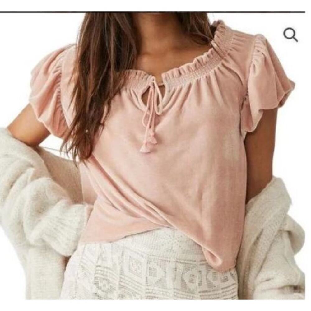 Free People Soft Pink Ruffle Sleeve Blouse velvet